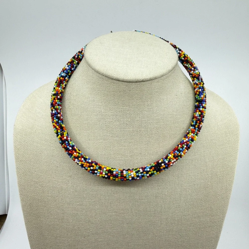 Multicolor Seed Bead Collar Necklace Boho Statement Festival Layering Gift Chic